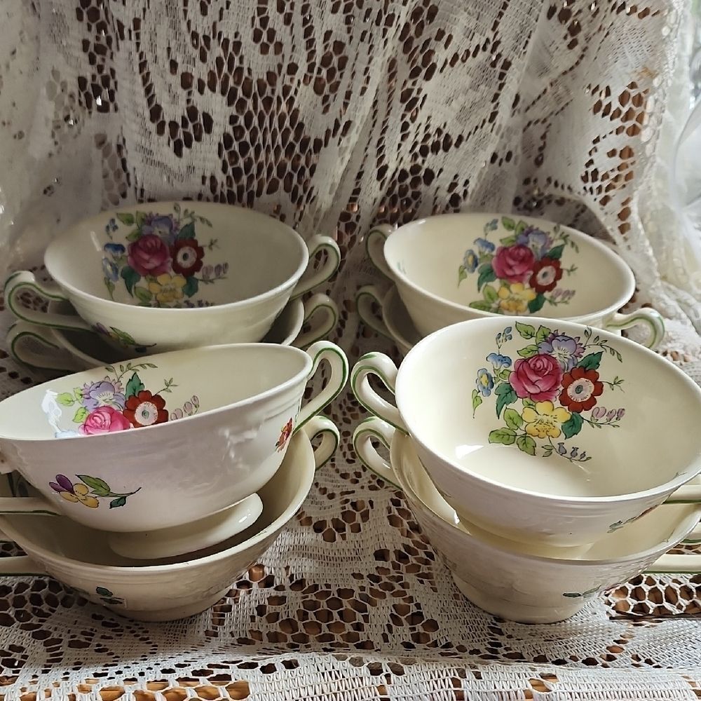WWII Era Antique Double Handled Floral Cream Soup Bowls